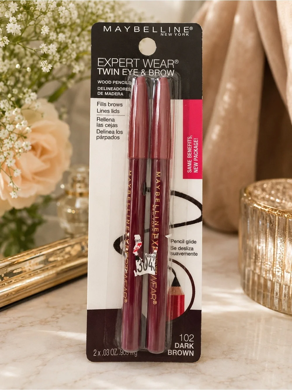 Maybelline Expert Wear Twin Eye & Brow Pencils 102 Dark Brown 2-Pack NEW